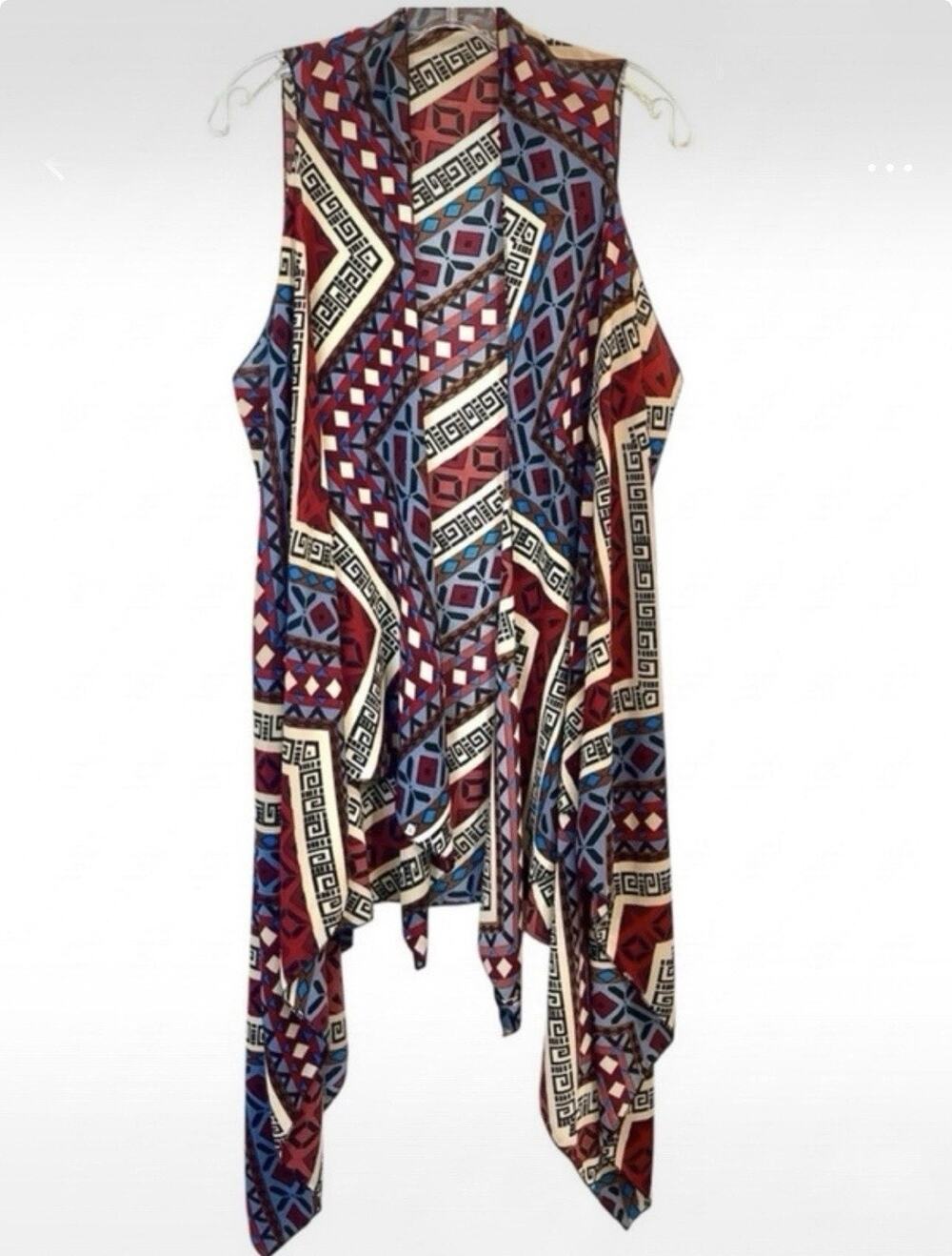 Desheng Women’s Aztec Geometric Open Front Sleeveless Draped Long Vest One Size